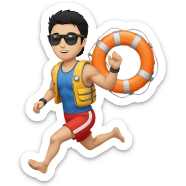 Dark Tan Muscular lifeguard with messy black hair with sunglasses running with life preserver sticker