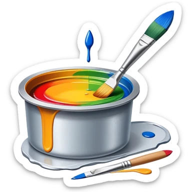 Metal painting icon, detailed work with a fine paintbrush on metal surface, vivid colors being applied to the surface of the object, visible brush strokes and paint pots, no finished artwork, just the process of painting, minimalistic style, clean lines, transparent background. sticker