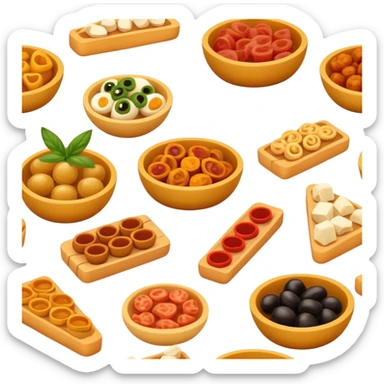 Cinematic Realistic Tapas Dish Emoji, depicted as an assortment of small, flavorful Spanish appetizers rendered with vibrant detail and warm, inviting lighting. sticker