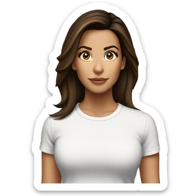 3/4 face, contrasted, shadow, light, Eva Longoria expression, standing from a distance, thin nose, brunette woman, hazel eyes, long eyelashes, dark shoulder shaded hair, white t-shirt, jeans, white sneakers sticker