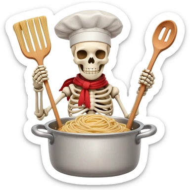 Papyrus from Undertale cooking spaghetti, tall skeleton with red scarf and white armor, enthusiastically stirring pasta in a pot, chef hat sticker