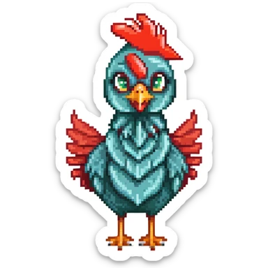 A cute blue-green rooster chicken with big eyes, red comb, small wings, skinny legs, and goofy expression sticker