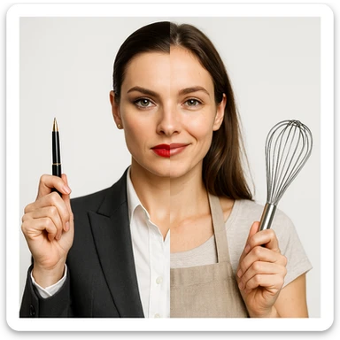4K hyper realistic split-image of a beautiful woman: left side with bold business makeup, sharp hairstyle, tailored suit, holding a pen; right side natural, relaxed hair, kitchen apron, holding a whisk, warm smile, symmetrical, white background, strong visual contrast, empowering both roles sticker