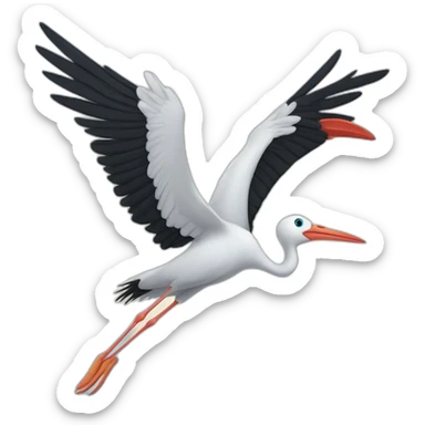  white stork with long legs, a long beak, and black wingtips, flying in the sky and carrying a bundle of blue cloth in its beak and has a cute baby face peeking out from it sticker