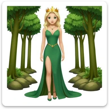 Queen, crown, blonde hair, green eyes, long green tight dress, decoltee,  Leg slit, whole Body, Background forest  sticker
