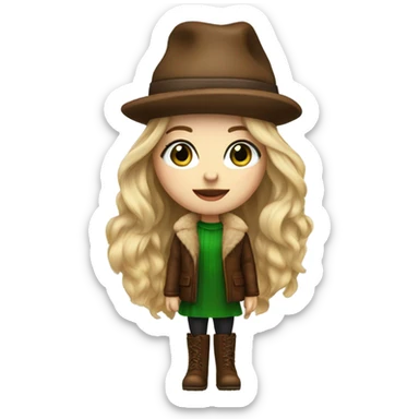 Realistic White girl with Long straight blonde hair, green eyes, tattoos, full body wearing Brown fur coat and fur hat and Brown leather boots sticker