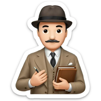 A cinematic-style frame showing Hercule Poirot in his iconic suit with a notebook in a dramatic detective pose. Background should be mysterious city, map, a board with photos of suspects, clues like fingerprints. Transparent background. sticker