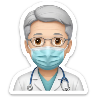 This is a cartoon-style avatar of a doctor with gray hair, wearing a face mask sticker