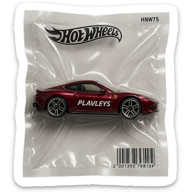 burgundy Ferrari Hot Wheels car with 'PLAVLEYS' text on the side, glossy, vacuum-sealed style sticker
