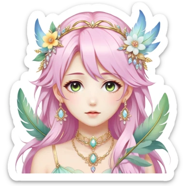 Beautiful gorgeous anime lady with beautiful pastel-special-hair, fashion aesthetic, ethereal, fairycore, pastelcore, feather, flower, crystals, accessories, gold jewelries, gold, colorful, gold laurel, gold halo, sticker