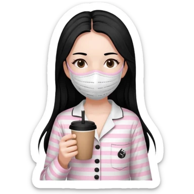 chica de pelo lacio color negro cabellera larga piyama blanca con rayas rosa claras peo no tan claras no oscuras el bordado es negro al igual que los botones )tiene una mascarilla para la carablanca y sostiene y cafe con bolitas nedras al dondo con unsorbete tranparente y es de test blanca  sticker