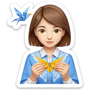 A happy Ukrainian young girl with brown hair in a white embroidered shirt making an origami crane in yellow and blue colors sticker