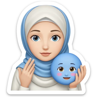 white pretty woman with white hijab holding a blue cushion foundation emoji sticker