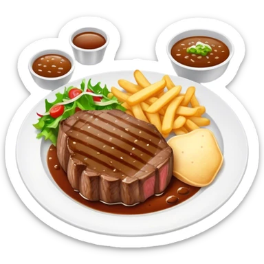 big juicy australian steak meal featuring chips, small salad in a ramiken and gravy  sticker