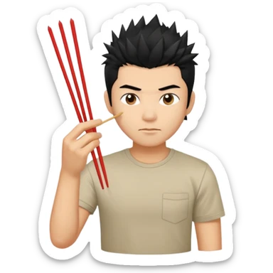 Make it a vietnamese male with spiky black hair holding only ONE pair of chopsticks, t-shirt sticker