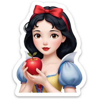 Cinematic Realistic Snow White Portrait, depicted with lifelike skin texture, soft natural lighting, and intricately detailed black hair styled with a red ribbon. Her soft brown eyes radiate innocence and kindness, complemented by a warm, gentle smile. She holds an apple in one hand, her other hand resting against her cheek, embodying her purity and charm. She is dressed in her classic yellow, blue, and red gown, the fabric rich in texture with delicate folds that catch the light beautifully. The portrait features a soft, natural glow with a radiant finish, capturing the essence of timeless beauty in a realistic and painterly style. sticker