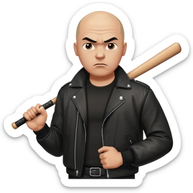 Bald Russian 1990s gangster emoji, leather jacket, , serious angry face with a bat sticker