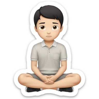 Cartoon Asian boy sitting cross-legged, clearly resting his closed fist against his cheek, looking thoughtful with a slight smirk. White polo, gray pants, black shoes, large eyes, short black hair. Clean vector style, flat colors, black background. sticker