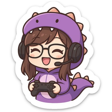 chibi anime style gamer girl with glasses, brown hair, dark purple eyes, wearing a purple dinosaur costume, happy emote, no controller sticker