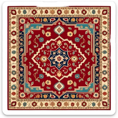 Cinematic Realistic depiction of a richly patterned Turkish carpet, rendered with exquisite details and vibrant colors, set against a soft, warmly lit background that emphasizes its artisanal craftsmanship sticker