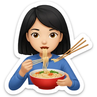 girl with black hair eating noodles sticker