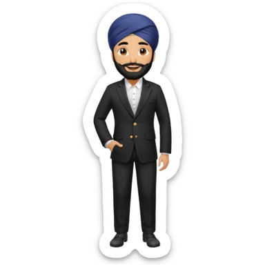 Sikh man with turban styled in a premium black coat pant suit with sticker