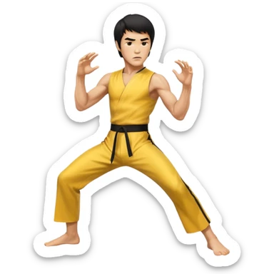 fierce Bruce Lee, dynamic martial arts pose, intense expression, yellow jumpsuit sticker