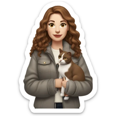 white woman with long brown hair and cat shaped eyes wearing a furry jacket standing alongside a black pitbull  sticker