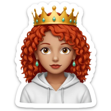
Slim girl with a fine face, dark and tanned skin, medium-length curly tomato-red hair, dark eyes, medium-thick eyelashes, and a crown and earrings, wearing a white hooded sweatshirt. sticker