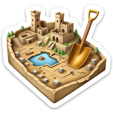 An icon showing an ancient city excavation site with uncovered ancient vessels, an old map, and a shovel. The design captures the thrill of uncovering historical treasures and ruins. Transparent background highlights the excitement of archaeological discovery. sticker