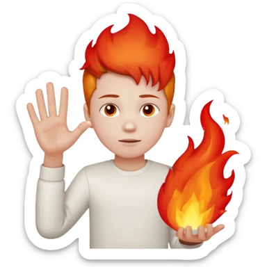 A boy with no hands fire instead made out of red fire and the boy is wearing a white shirt that has a sign that says FIRE CREATOR  sticker