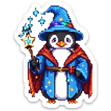 Penguin wizard with robe and magical stars sticker