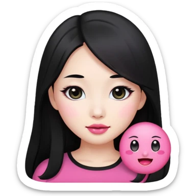 beautiful young Chinese woman, black long hair, white skin, oval face, big black eyes, pink lips, emoji style sticker