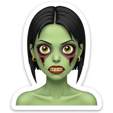 Faça uma zombie mulher bonita verde com olhos castanhos cabelos pretos liso com estilo y2k e com dentes de ouro sticker