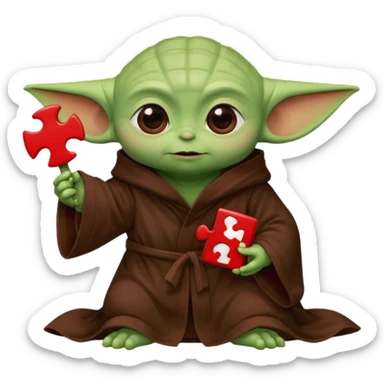 Baby Yoda con su tunica clasica chocolate sosteniendo una pieza de rompecabeza color rojo que diga Valores sticker