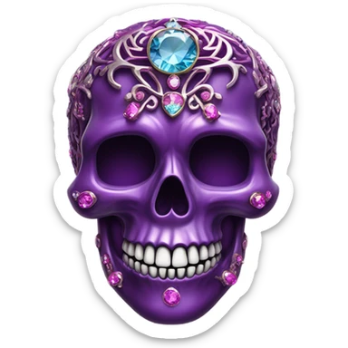 Realistic isolated metallic ornate dark purple,magenta,light blue,and hot pink filigree skull decorated with shiny diamonds and rhinestones.  sticker