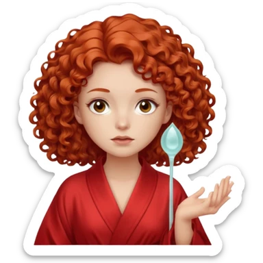 Cartoon emoji of a girl with voluminous curly red hair, fair skin, warm brown eyes. Wearing a chic milky silk robe with long sleeves, no makeup. Portrait mode, holding a gua sha, looking doubtful and unsure. Smooth, simple, stylized." sticker