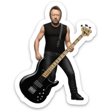 photo realistic Peter Hook, in 1979, playing a Yamaha black bass guitar, standing, full body, front view sticker