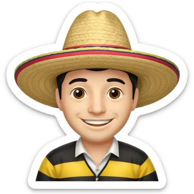A happy fair skinned Colombian man wearing a Colombian sombrero that has black horizontal stripes sticker