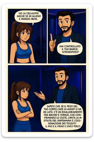 PRENDI SPUNTO DA QUESTO STILE FACENDO UN WEBTOON/MANGA:

LEI (DONNA): Ho la cellulite anche se mi alleno e mangio bene, cosa posso fare?

LUI (UOMO): Hai controllato il tuo baricentro corporeo?
LUI (UOMO): Sapevi che se il peso del tuo corpo cade in avanti o da un lato, c’è un disallineamento fra bacino e torace, che comprimendo le coste, limita la motilità del diaframma e l’ossigenazione dei tessuti?
LUI (UOMO): Il mio è il primo e unico percorso che lavora sugli inestetismi con un lavoro mirato sul baricentro corporeo. sticker