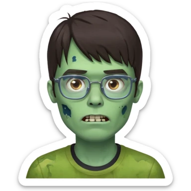 an emoji of a male green zombie with dark brown hair and female bangs that cover your entire forehead and extend to your eyebrows, wearing square, bluish glasses. sticker
