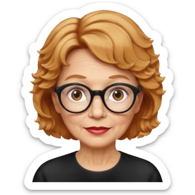 woman 70 years old, very short strawberry blonde weavy hair, brown eyes and round dark glasses sticker