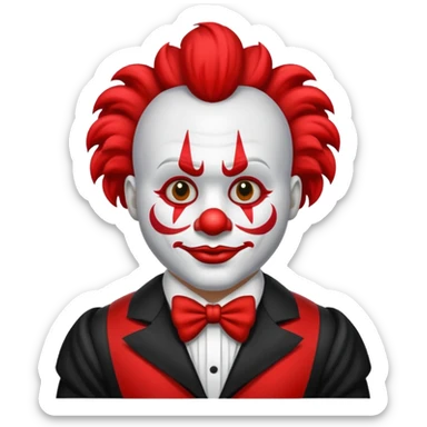 Crea un payaso que tenga toda la cara absolutamente toda la cara blanca, junto con la parte del pelo que sea blanco, pero que no tenga pelo con unos cuernos negros y que tengo un traje de payaso negro con rojo sticker