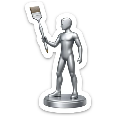 A paintbrush that transforms into a human metal silver silhouette sculpture emblem, symbol of artistic identity, with a highly polished silver metallic finish sticker