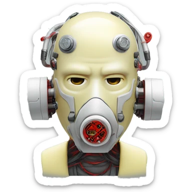 Pastel light yellow round male cyborg head with red respirator mask and circuits sticker