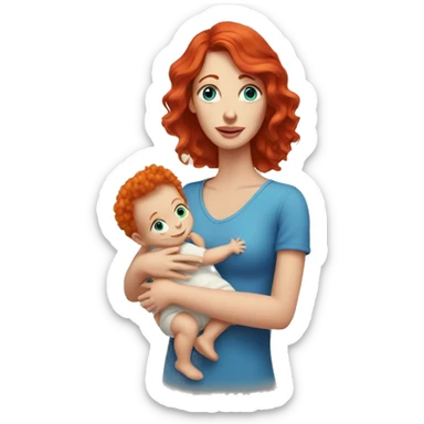 A woman with red hair and blue eyes holding a baby sticker