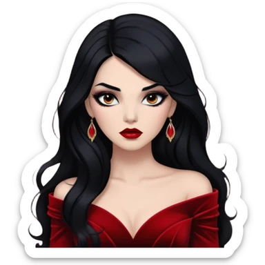 A half-body portrait of a woman with long, jet-black hair and a smoky eye makeup look. She's wearing a dramatic red velvet gown, her lips darkly painted, with a moody, dimly lit background that adds to her mysterious aura sticker