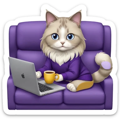 a cute blue eyed brown and white ragdoll cat with white paws and brown and beige tail wearing the dark violet sweater with yellow letteting "Milena" sitting on the grey sofa with grey laptop Lenovo and drinking coffee sticker