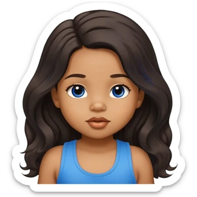 light brown skin tone, very adorable toddler, with big plump lips, long long lashes, black long wavy hair, middle hair parting, brown eyes, blue tank top sticker