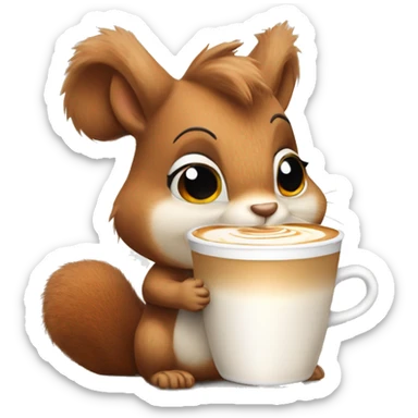 squirrel with fluffy ears sitting and holding cup of latte macchiato  sticker